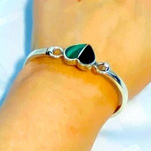 925 STERLING SILVER MALACHITE & ONYX HOOK & EYE HEART BRACELET MEXICO
